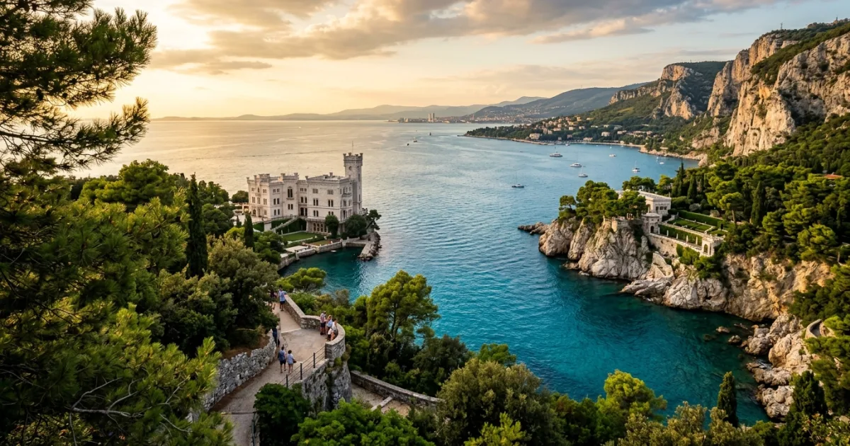 Panoramic view of Miramare Castle and the Adriatic coastline in the Province of Trieste.