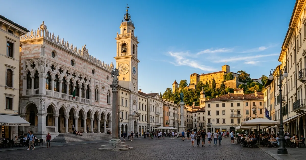 Panoramic view of Piazza della Libertà and Loggia del Lionello in Udine, Italy
