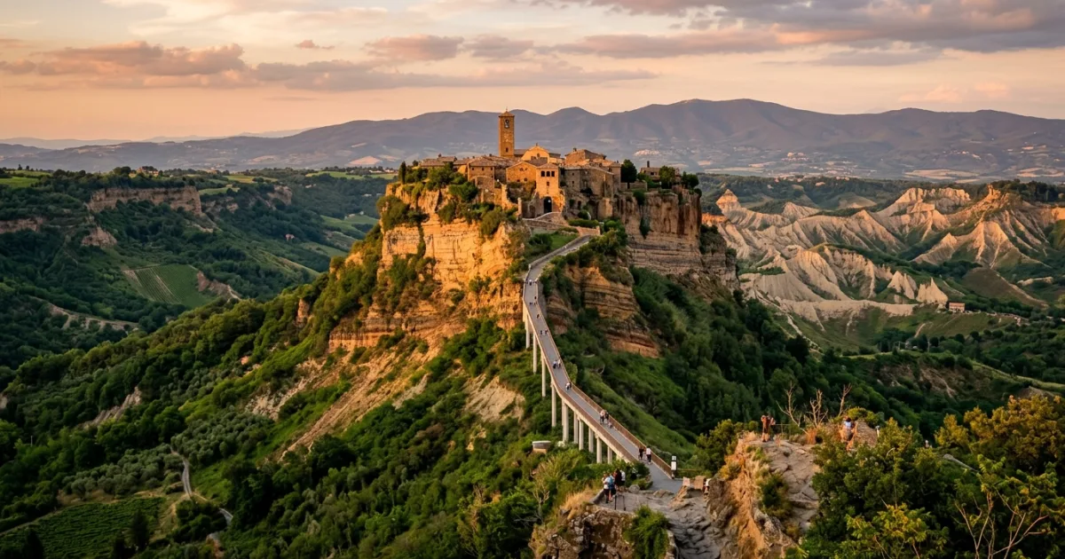 Panoramic view of Civita di Bagnoregio perched on a tufa cliff in the Province of Viterbo Italy