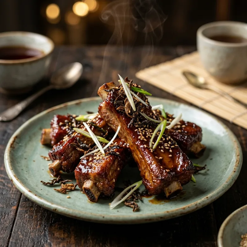 Pu'er Tea Braised Pork Ribs glazed in rich mahogany sauce and garnished with fried tea leaves