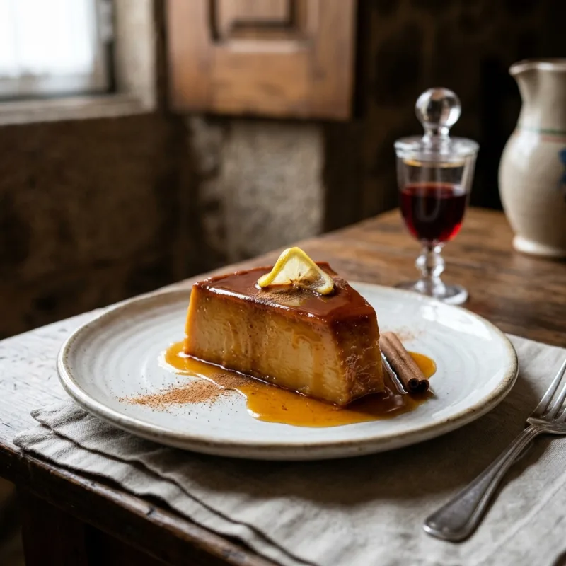 Pudim Abade de Priscos with amber caramel sauce on a white plate