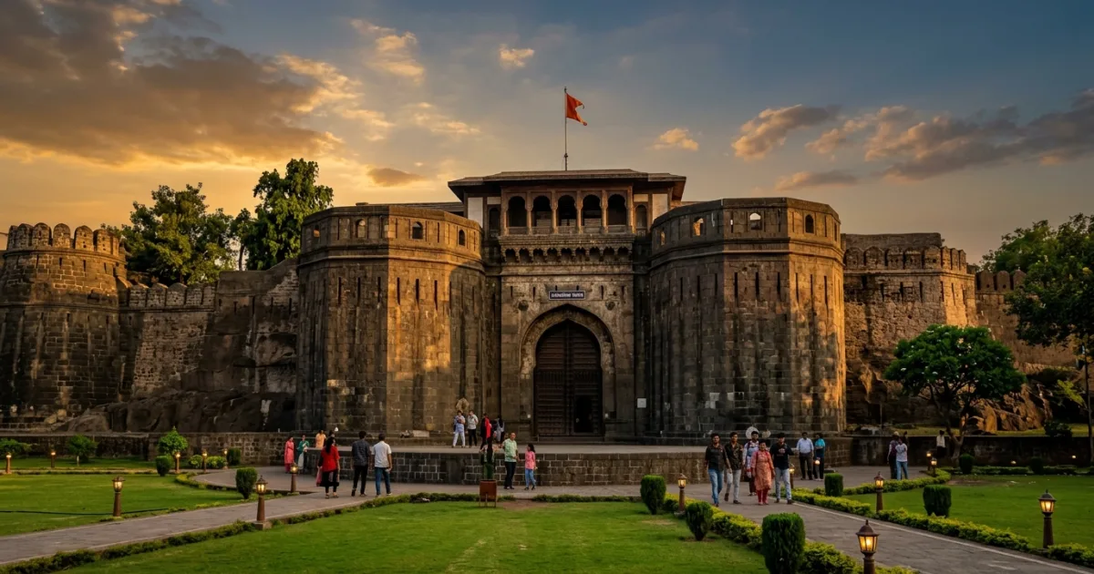 Grand historic stone entrance of Shaniwar Wada fortress in Pune under golden hour sky