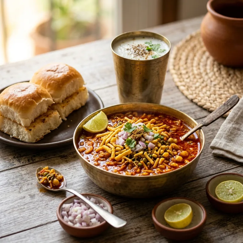 Authentic Puneri Misal Pav served with fluffy bread rolls and fresh garnishes