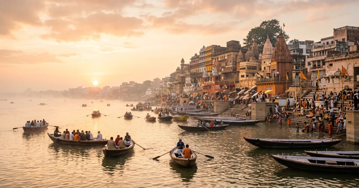 Panoramic view of the historic river ghats along the Ganges in the Purvanchal region during sunrise