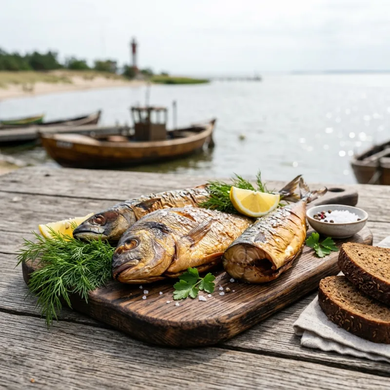 Authentic smoked fish served on a rustic wooden platter with rye bread in Neringa