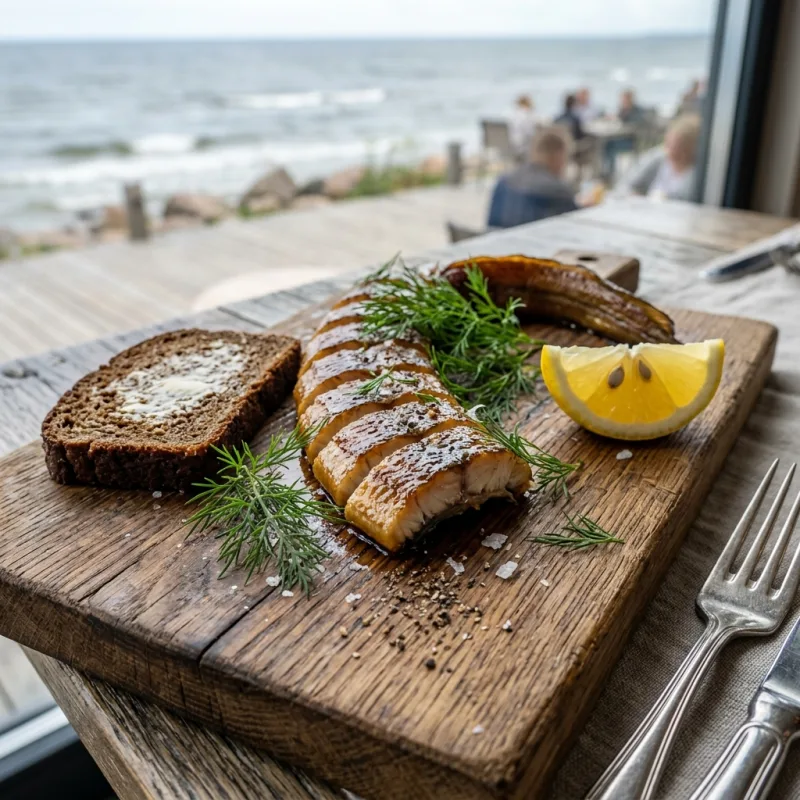 Authentic smoked Baltic eel served on a wooden board with dark rye bread