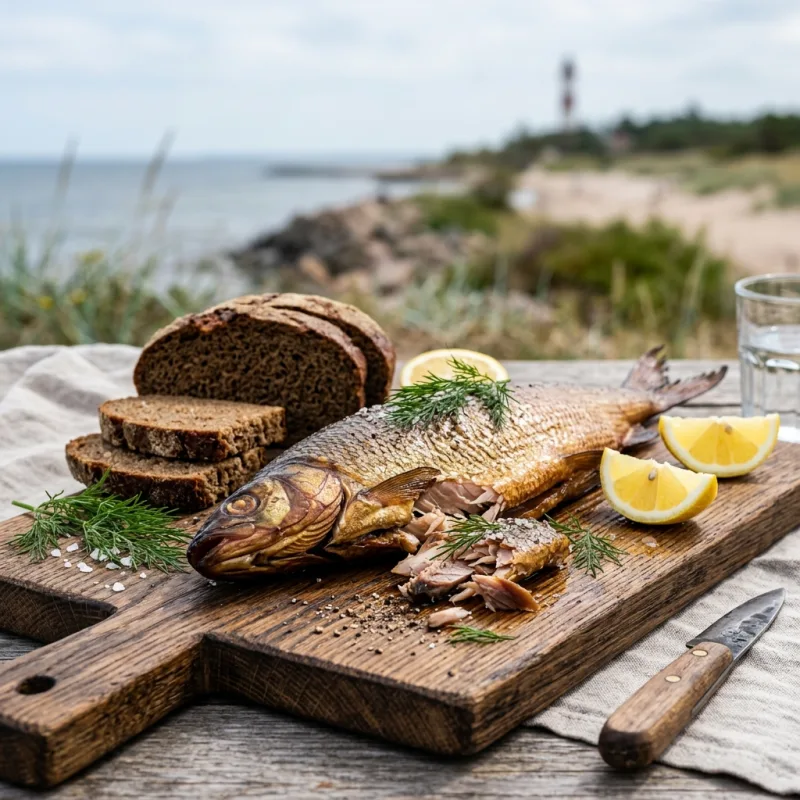 Smoked Baltic fish served on a rustic board with dark rye bread and fresh dill