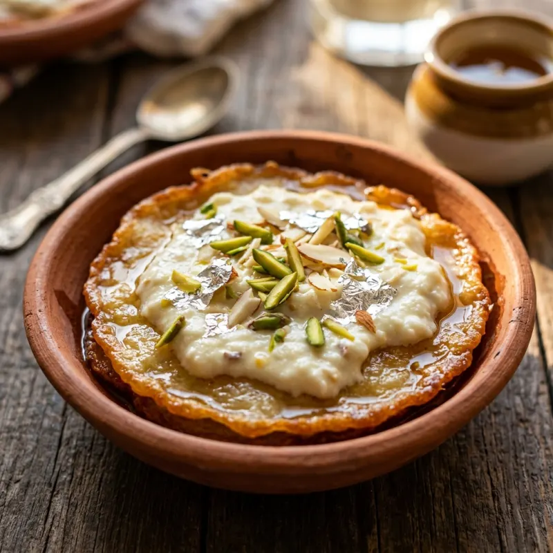 Authentic golden Rabdi Malpua topped with pistachios in an earthenware bowl