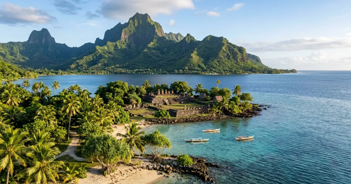 Panoramic view of Raiatea island with volcanic peaks and turquoise lagoon in French Polynesia