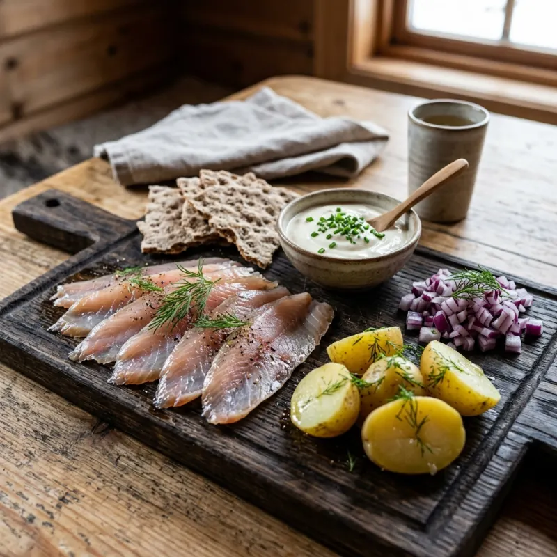 Traditional Norwegian rakfisk served with flatbread and condiments