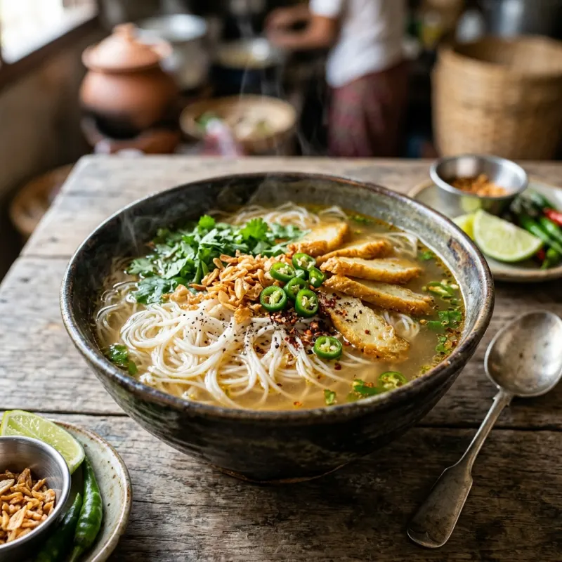 Rakhine Mont Di noodle soup garnished with chilies and fish cakes in Mrauk U