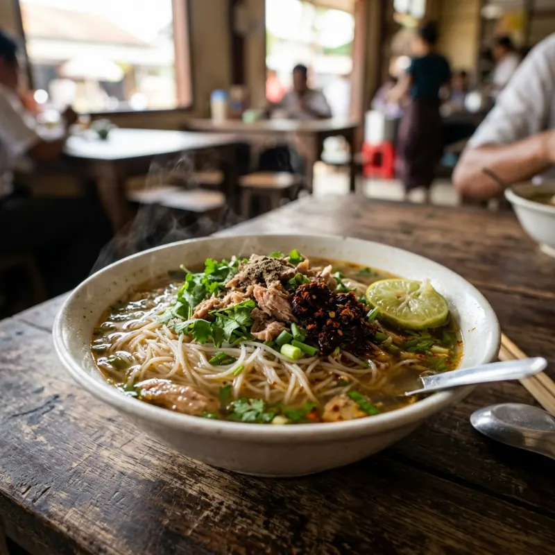Bowl of traditional Rakhine Mont Di fish noodle soup with herbs and chilies