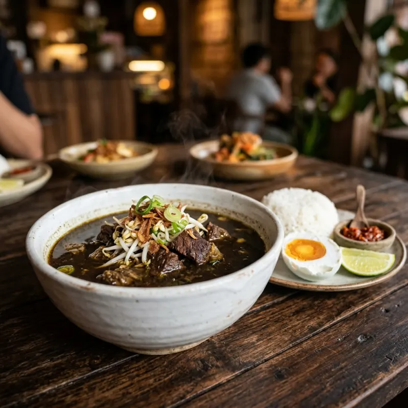 Bowl of traditional Indonesian Rawon black beef soup with salted egg and rice