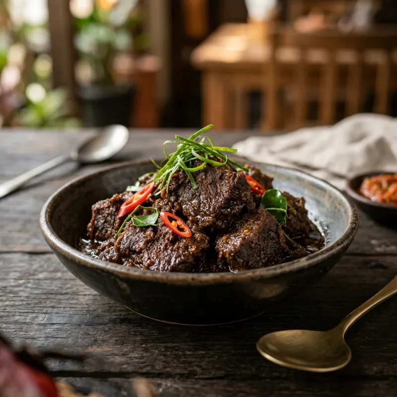 Traditional Indonesian Beef Rendang served in a ceramic bowl