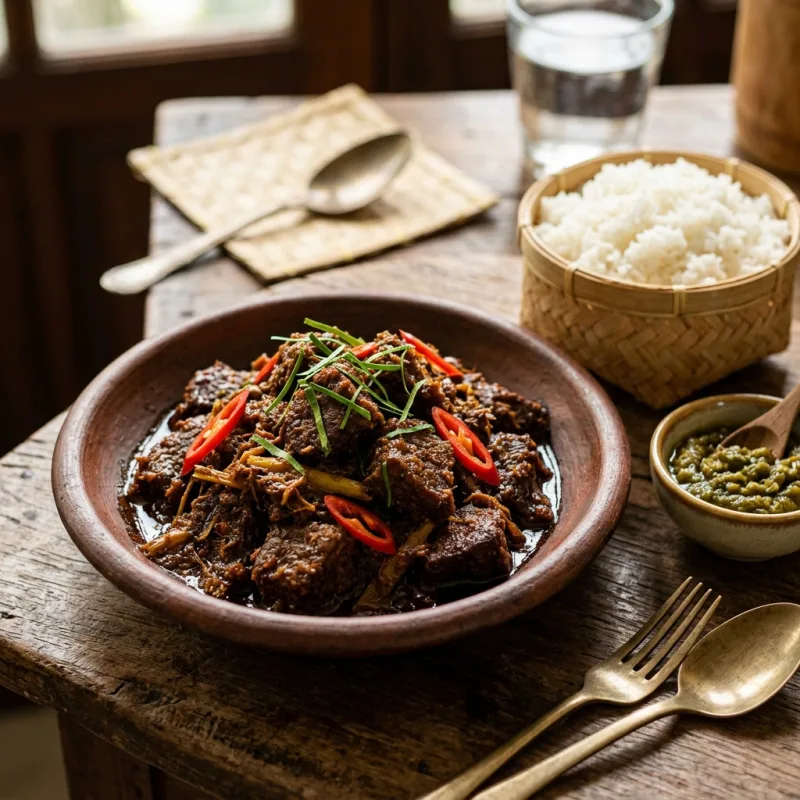 Authentic Minangkabau Rendang Daging beef curry in a traditional clay plate