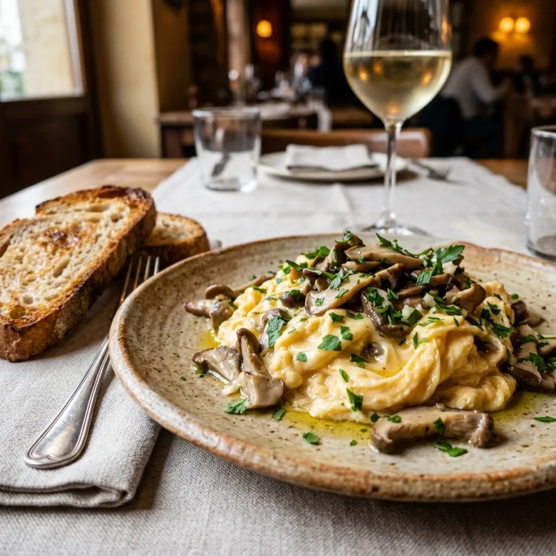 Creamy scrambled eggs with wild St. George's mushrooms on a ceramic plate