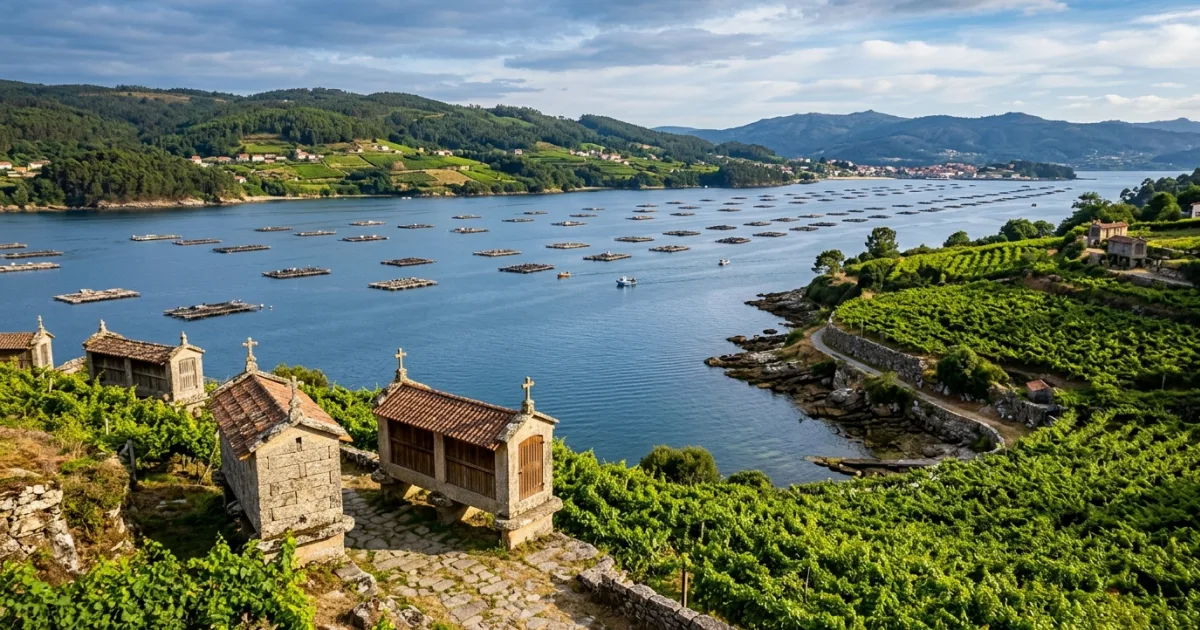 Scenic view over the Rias Baixas estuary with granite stone granaries and mussel rafts