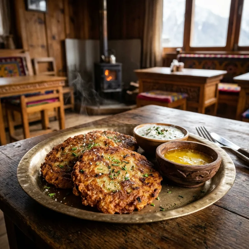Traditional Sherpa potato pancakes Riki Kur served with yak butter sauce