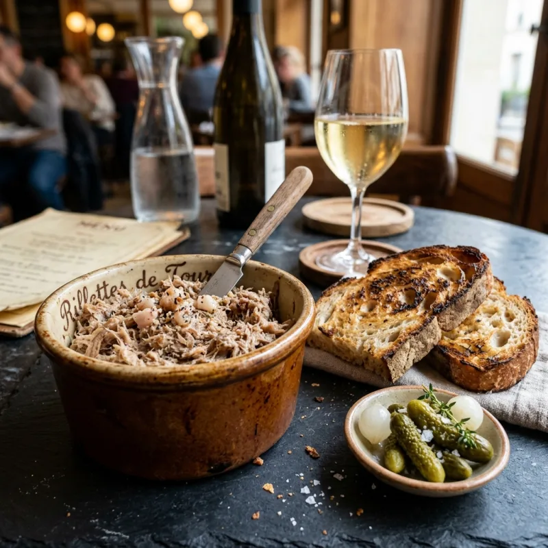 Rillettes de Tours served on crusty bread with cornichons and wine