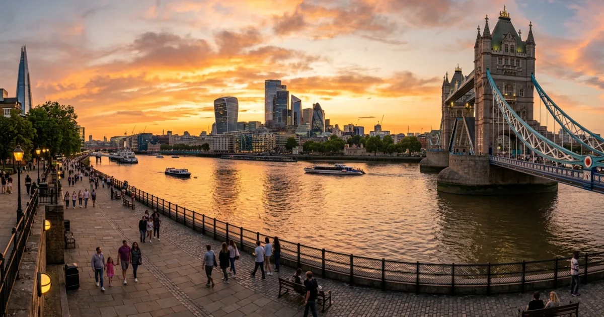 Panoramic view of the River Thames with Tower Bridge and the London skyline at sunset