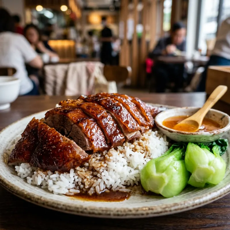 Cantonese roast goose sliced over rice with plum sauce