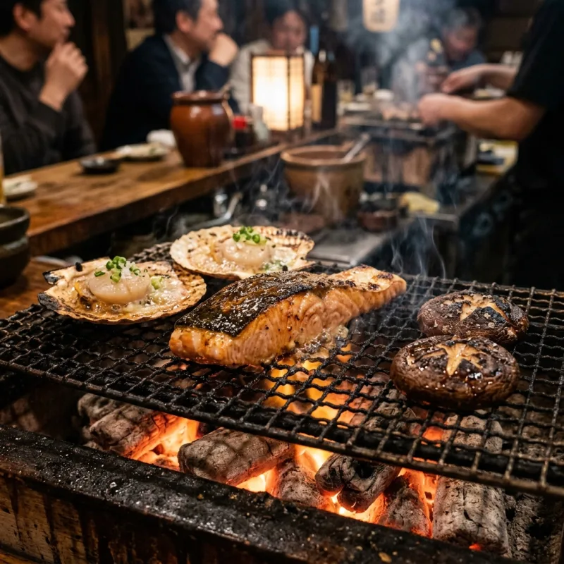 Authentic Japanese robatayaki seafood grilling over hot charcoal in Kushiro
