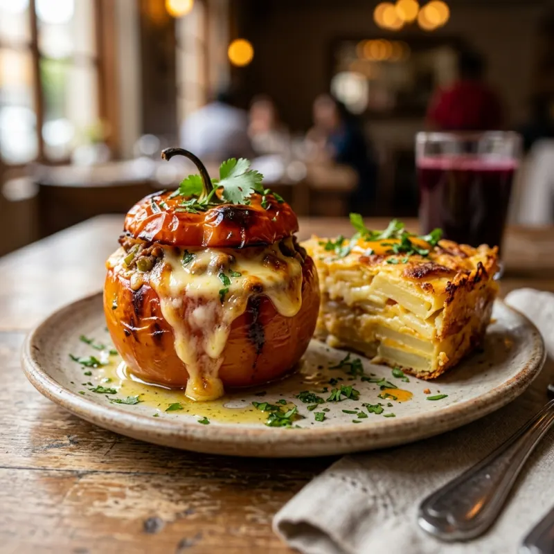 Authentic Peruvian Rocoto Relleno with melted cheese and pastel de papa potato cake