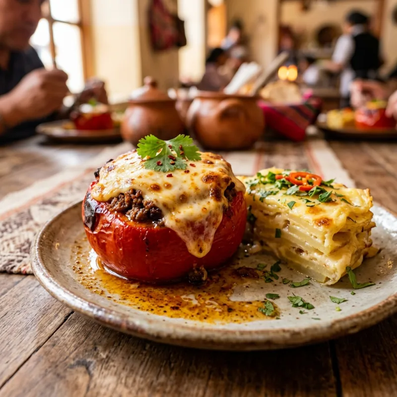 Authentic Peruvian Rocoto Relleno served with golden potato cake