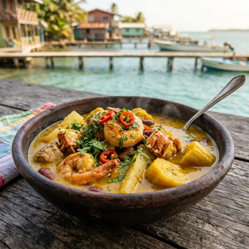 Authentic Caribbean Rondón seafood stew in coconut milk broth with fresh fish and yucca