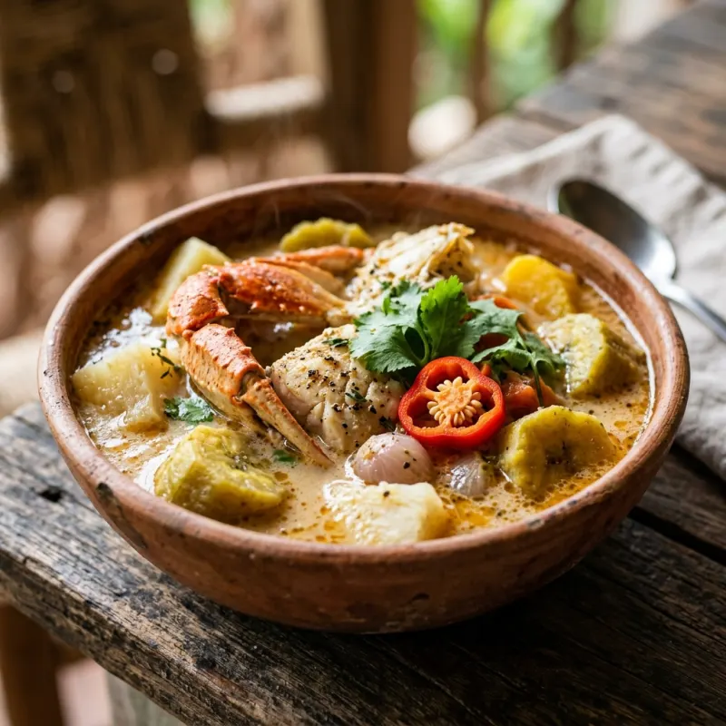 Rondón seafood stew with fish and plantains in coconut broth