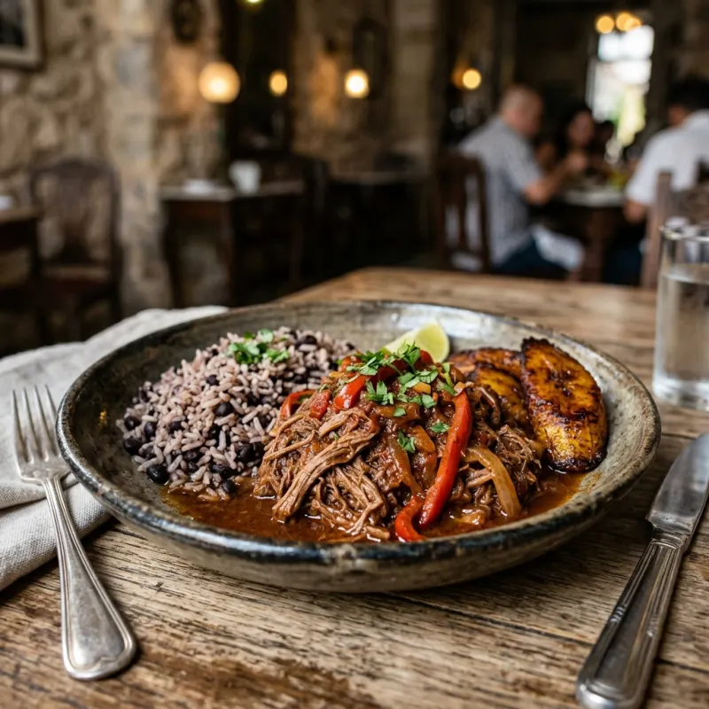Authentic Cuban Ropa Vieja with shredded beef, black beans and rice, and fried sweet plantains