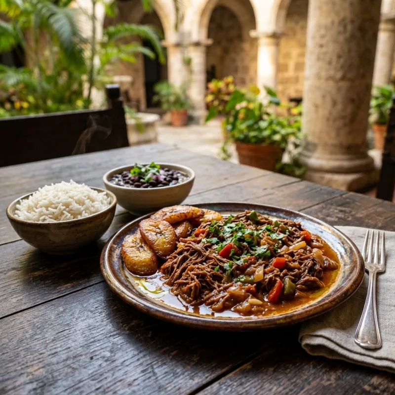 Authentic Cuban Ropa Vieja with rice, black beans, and fried plantains