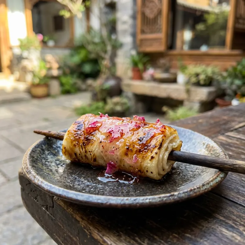 Grilled Bai rushan cheese roll brushed with rose jam in Dali