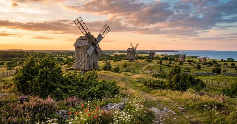Saaremaa 4 Historic wooden windmills standing amid green meadows and juniper bushes on Saaremaa Island, Estonia