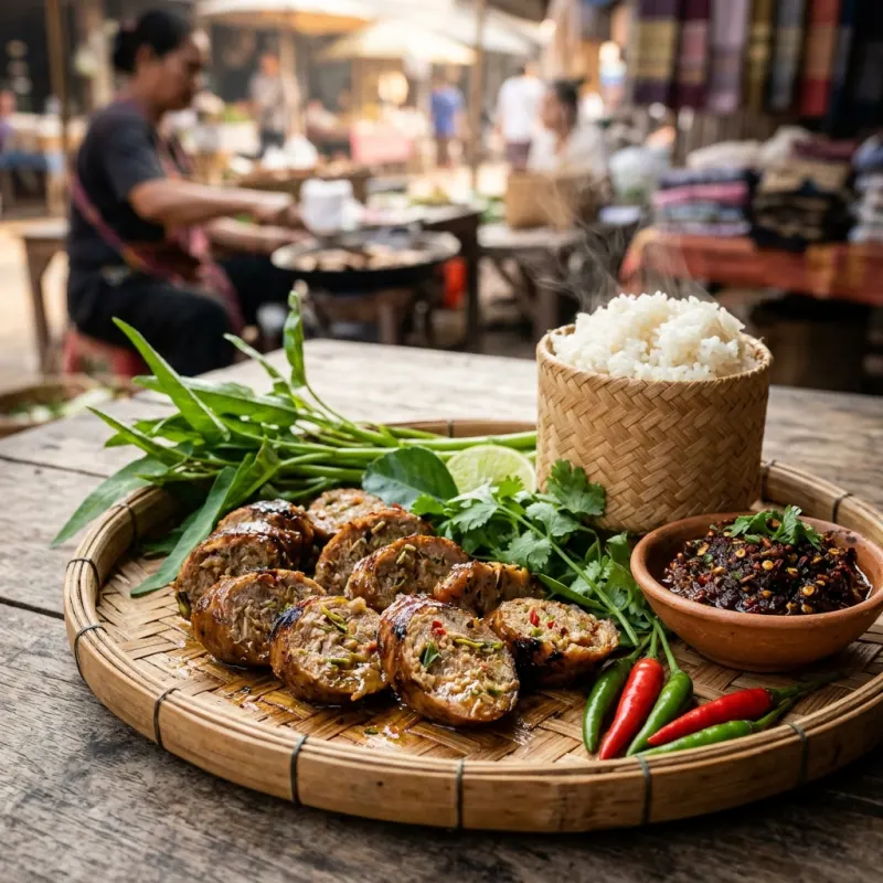 Authentic grilled Lao herbal sausage Sai Oua served with sticky rice and chili dip in Phonsavan