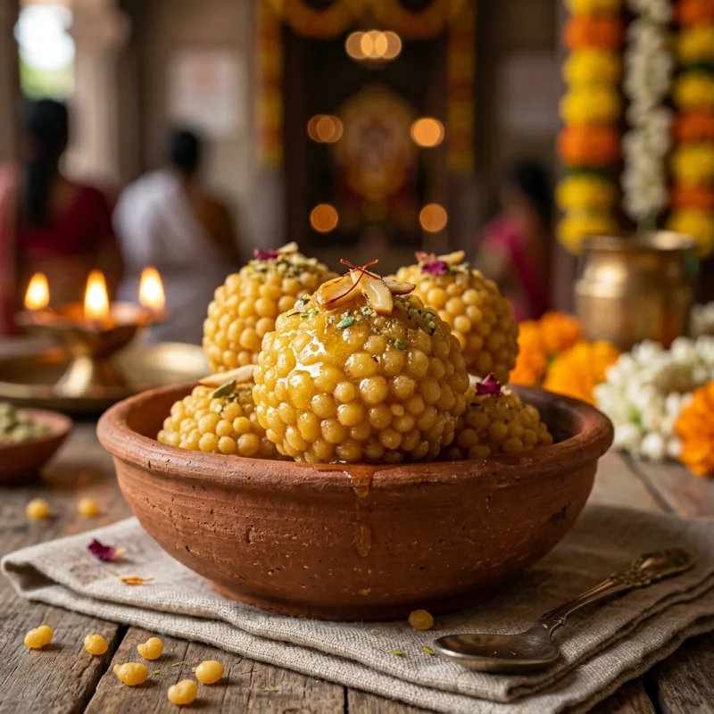 Golden Sai Sansthan Boondi Ladoo sweet prasad in a traditional bowl