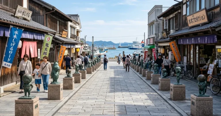 Sakaiminato 3 Mizuki Shigeru Road in Sakaiminato featuring bronze yokai statues along pedestrian sidewalks