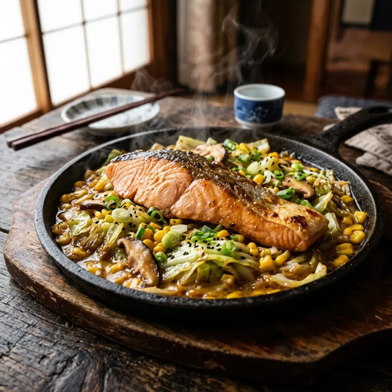 Authentic Hokkaido Salmon Chanchan-yaki steaming on a cast iron griddle with miso and vegetables