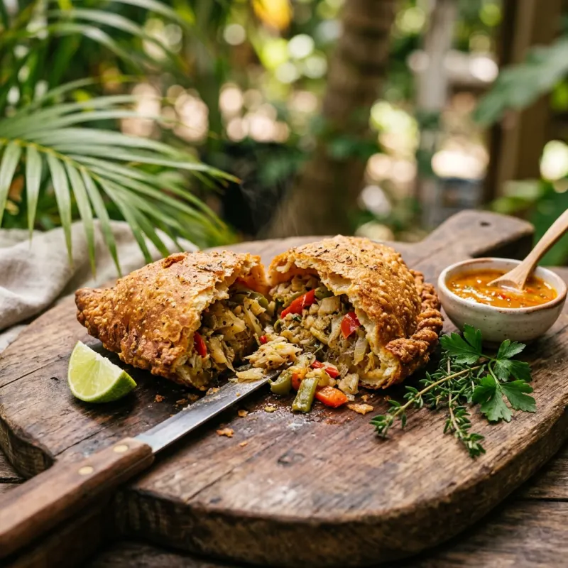 Golden-brown fried Caribbean saltfish pate split open showing seasoned cod filling