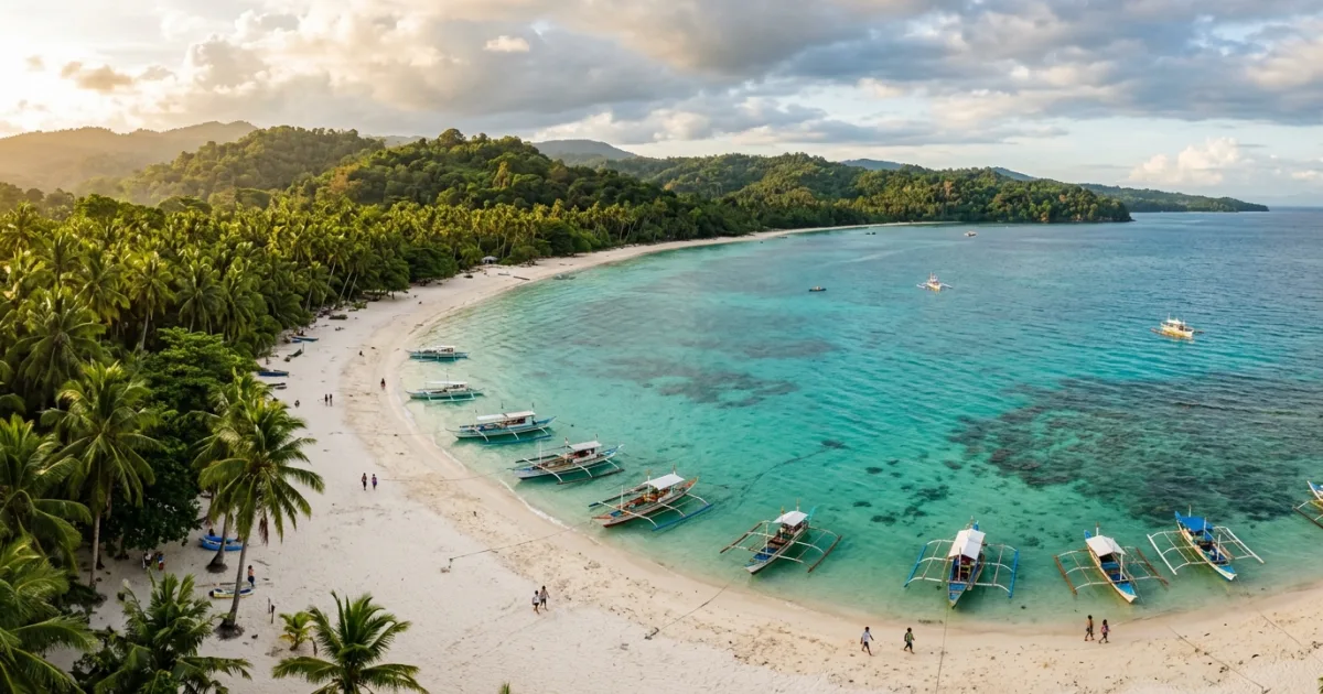 Panoramic view of Samal Island coastline with turquoise water and palm trees in the Philippines