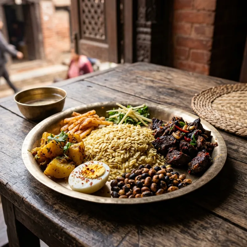Authentic Newari Samay Baji platter on traditional brass ware