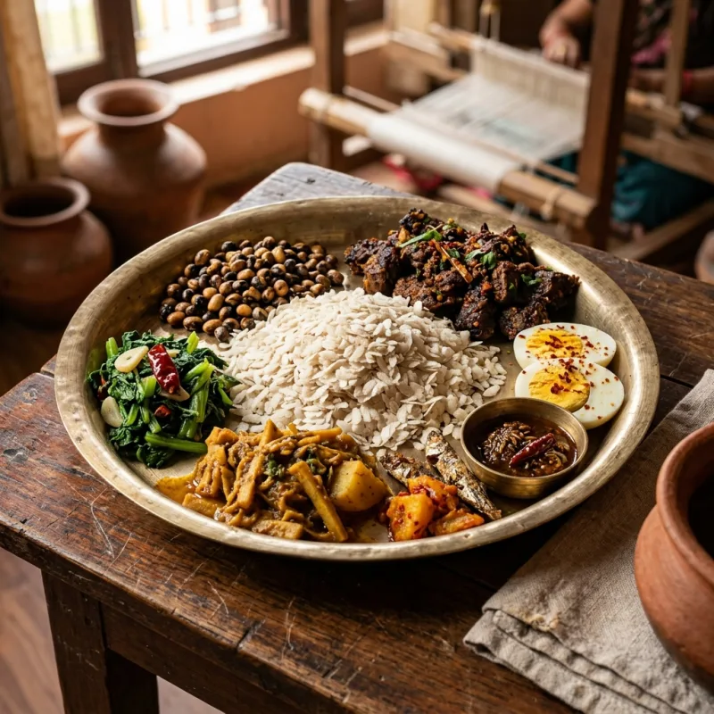Authentic Newari Samay Baji platter with beaten rice and spiced side dishes in Kathmandu