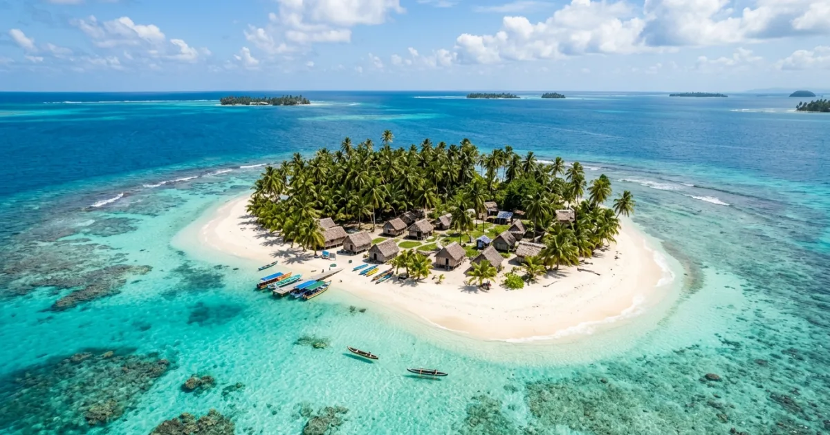 Aerial view of a pristine tropical island in San Blas Panama with white sand, palm trees, and turquoise water