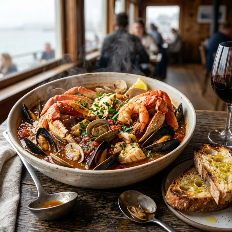 Bowl of traditional San Francisco Cioppino seafood stew with crab and sourdough
