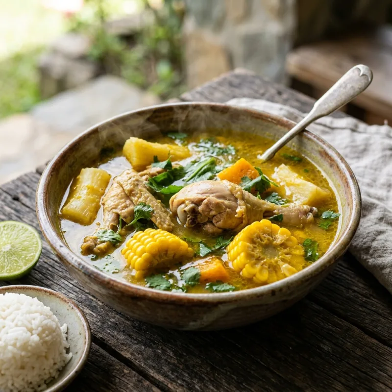 Steaming bowl of Panamanian chicken sancocho stew with corn and root vegetables on a rustic table