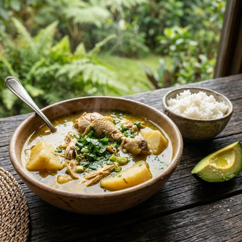 Steaming bowl of authentic Panamanian chicken sancocho stew served with white rice in Boquete