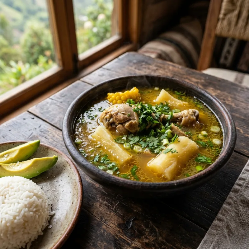 Steaming bowl of traditional Panamanian Sancocho chicken stew with yuca and herbs