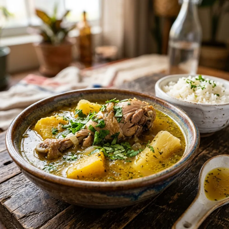 Authentic bowl of Panamanian Sancocho chicken stew with ñame and culantro