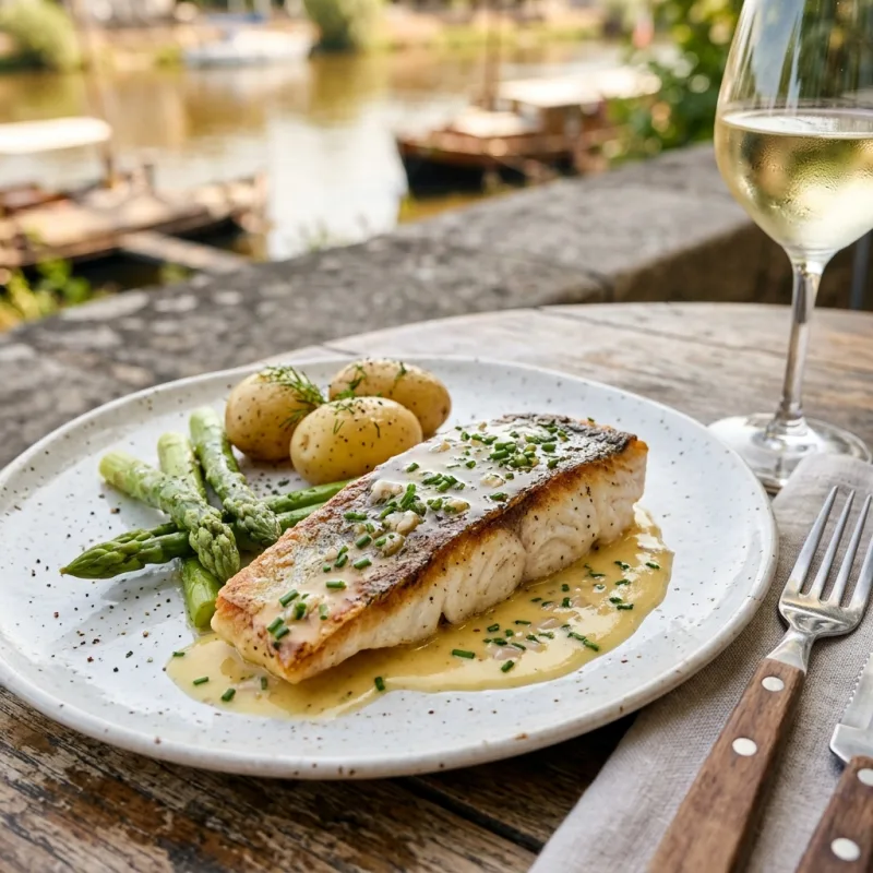 Plate of poached pikeperch fillet coated in golden beurre blanc sauce with potatoes and asparagus.
