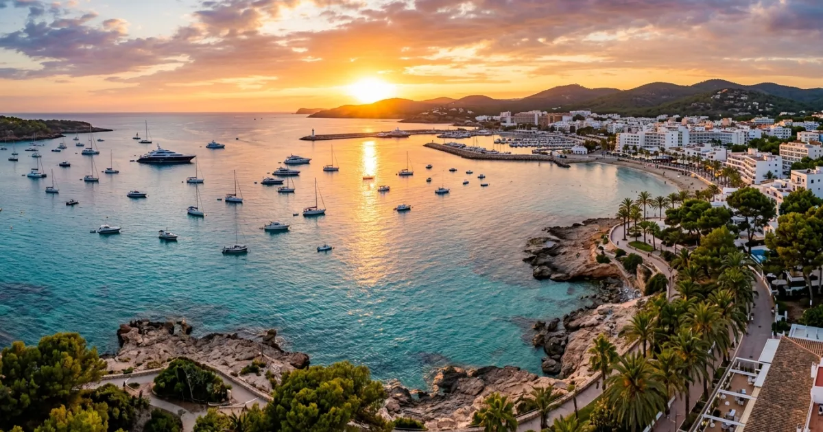 Travel Guides 5 Panoramic sunset over the bay and marina of Sant Antoni in Ibiza